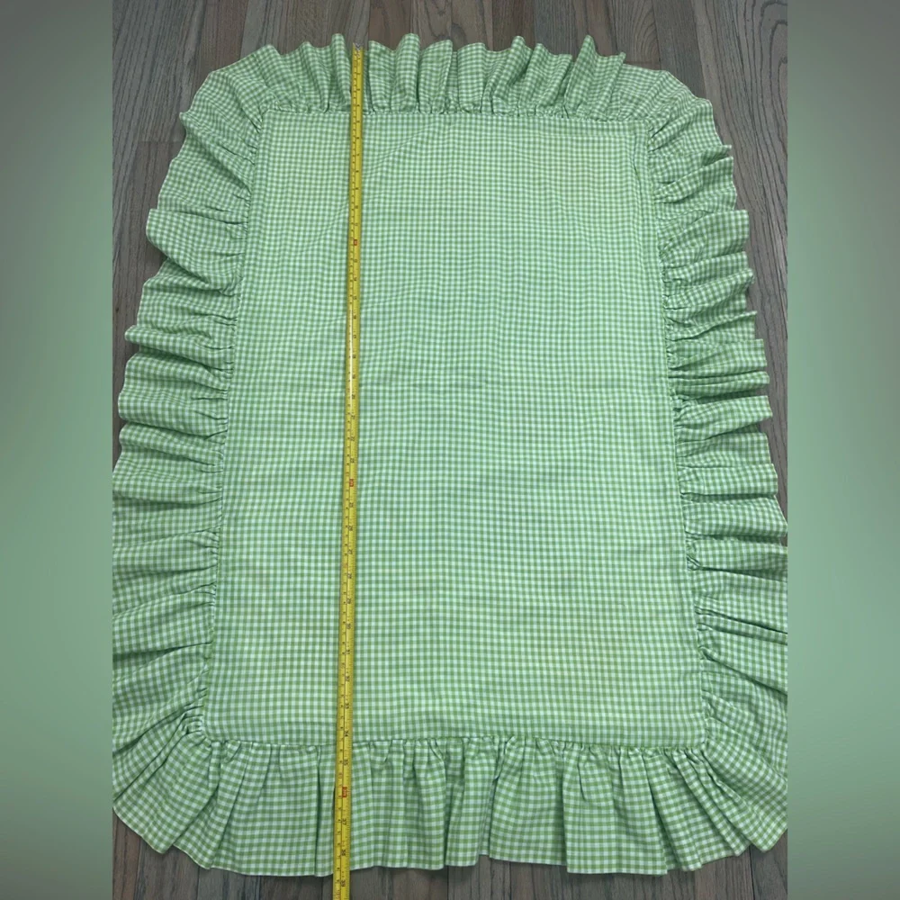 Vtg Handmade Baby Crib Quilt Green Gingham Cross Stitch Ruffle Blanket Woodland